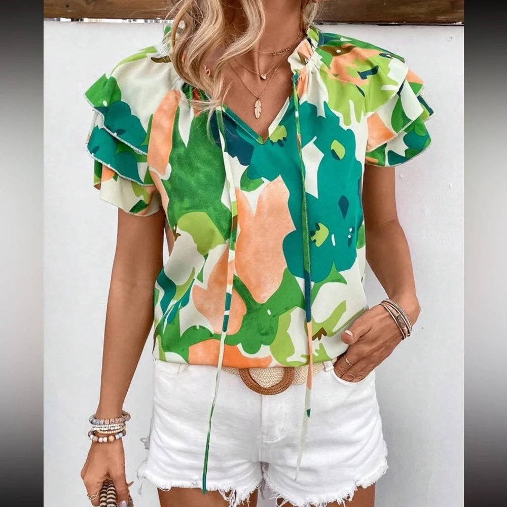 Boho Floral Print Ruffle Flutter Sleeve Top Blouse Shirt Black - Picture 2 of 4